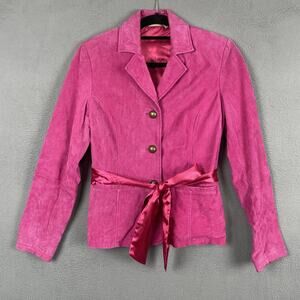RuffHewn Jacket Womens M Pink Leather Belted Collared Lined Pockets Button Bow